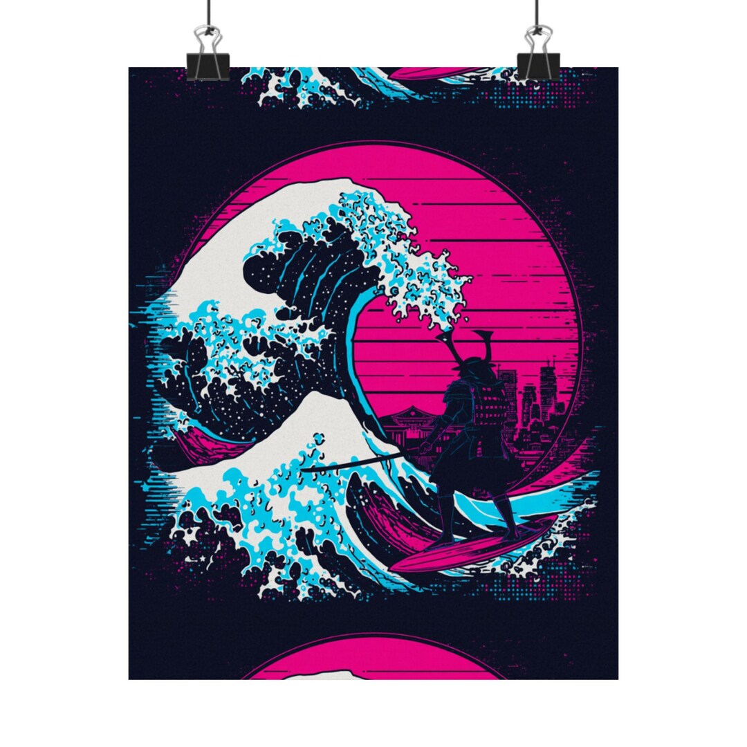 Cyber Samurai Wave Rider Matte Vertical Poster | Synthwave Hokusai ...
