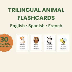 Trilingual Animal Flashcards – English, Spanish, French – Printable PDF for Kids, Bilingual Learning, Language Flash Cards