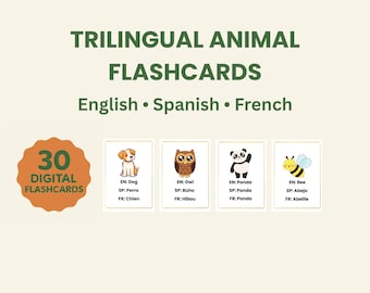Trilingual Animal Flashcards – English, Spanish, French – Printable PDF for Kids, Bilingual Learning, Language Flash Cards