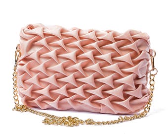 Pink Satin Pleated Clutch: Elegant Evening Handbag with Gold Chain