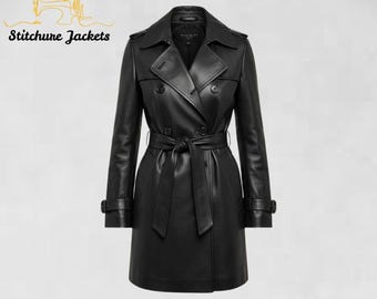 Black Leather Trench Coat for Women, Belted Button Collar Design, Premium Handcrafted Full-Length Coat, Elegant Winter Leather Coat