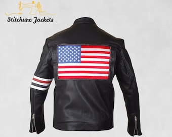 Giacca in pelle premium di Capitan America – Cappotto con bandiera americana di Peter Fonda, Easy Rider, Cafe Racer