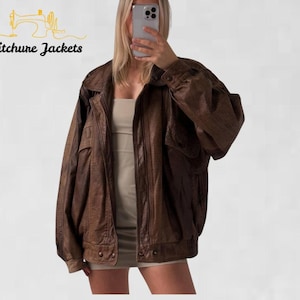 Premium Women’s Handmade Oversized Vintage Lambskin Bomber Jacket – Soft Brown Leather Coat