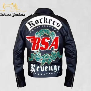 May include: Black leather jacket with a Rockers BSA Revenge design on the back. The design features a red BSA logo with wings, green laurel wreaths, and the word "Rockers" in a white banner. The jacket has a zipper closure and the brand name "Stitchure Jackets" is printed on the top left.