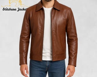 Men’s Cognac Classic Leather Harrington Jacket – Vintage Fall Essential, Handcrafted Lightweight Outerwear, Limited Stock New Arrival