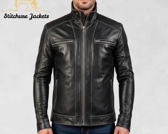 Schwarze Lederjacke für Herren - Premium Biker Motorrad-Stil, Vintage handgefertigte Lederjacke, Slim Fit Classic Moto Reitjacke