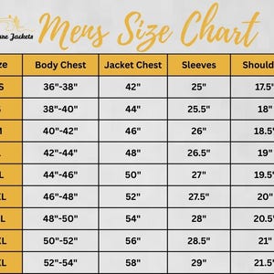 May include: A size chart for jackets titled Stitchure Jackets Mens Size Chart. The table lists sizes from XS to 5XL with columns for Body Chest, Jacket Chest, Sleeves, and Shoulders, providing measurements in inches for each category.