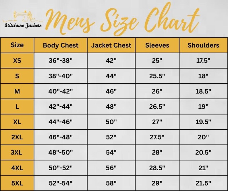 May include: A size chart for jackets titled Stitchure Jackets Mens Size Chart. The table lists sizes from XS to 5XL with columns for Body Chest, Jacket Chest, Sleeves, and Shoulders, providing measurements in inches for each category.