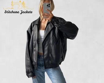Giacca bomber oversize vintage anni '90 da donna - Cappotto nero in vera pelle fatto a mano