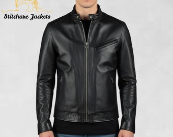 Schwarze Biker Reitlederjacke für Herren - Slim Fit Motorradjacke, handgefertigte Vintage Lederjacke, langlebige Moto Style Jacke