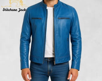 Chaqueta motera de cuero Café Racer azul para hombre: estilo motociclista vintage, prenda artesanal, disponible en stock limitado para otoño e invierno.