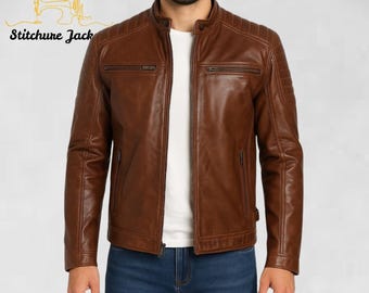 Cognacbruine leren bikerjack heren – handgemaakte vintage motorfietsstijl, herfst Beperkte voorraad essentiële winterbovenkleding nieuwe collectie