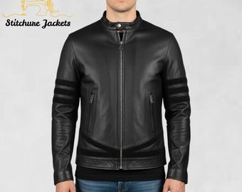 Schwarze Leder-Bikerjacke für Herren - Slim Fit-Motorradjacke im klassischen Vintage-Stil, handgefertigte Premium-Lederjacke für Herren