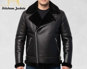 Men’s Black Shearling Bomber Aviator Jacket – Vintage Flight Style Leather Outerwear, Handcrafted Winter coat