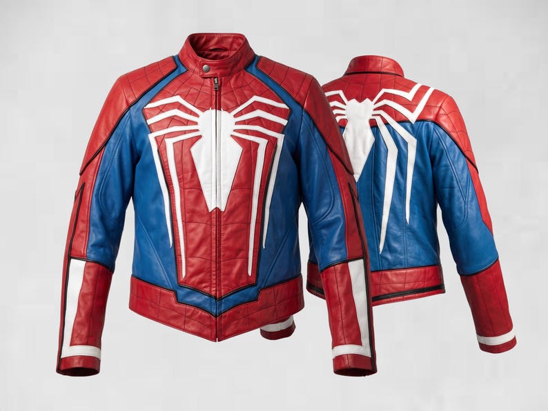 May include: A red and blue leather jacket featuring a large white spider emblem on the chest and back. The jacket has a stand-up collar, a front zipper closure, and white accents on the sleeves. The design includes quilted paneling details.