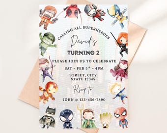 Plantilla editable de invitación de cumpleaños de superhéroes, invitación para fiesta de los Vengadores, cumpleaños de niño, fiesta de héroes de cómics, descarga instantánea.