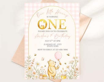 Winnie The Pooh Watercolor Invitation, Little Honey First Birthday (Editable Template)