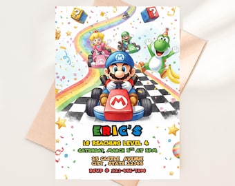 Invitación de cumpleaños de Super Mario Kart, invitación a fiesta de carreras de Mario, plantilla de Canva, invitación de Mario Kart, invitación de cumpleaños de Super Mario, para niños pequeños