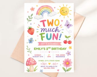 Two Much Fun Birthday Invitation Template, 2nd Birthday Invitation, Watercolor Rainbow Invite, Editable Kids Birthday Party, Canva Template