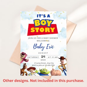 May include: A baby shower invitation featuring the text "It's a Boy Story" in blue and yellow, with the name "Baby Eric." The invitation includes cartoon characters and event details for August 24, 2025.