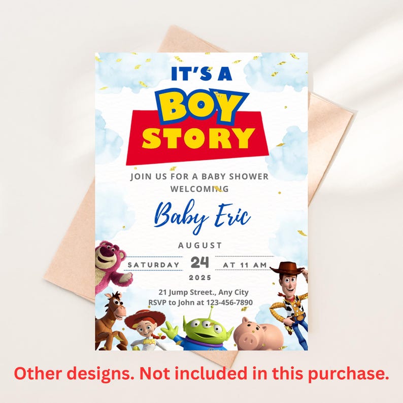 May include: A baby shower invitation featuring the text "It's a Boy Story" in blue and yellow, with the name "Baby Eric." The invitation includes cartoon characters and event details for August 24, 2025.