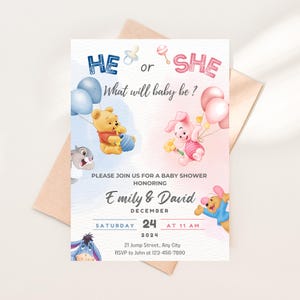 Editable Winnie The Pooh Gender Reveal Invitation Template | Pooh Bear Gender Reveal Party Invite | Digital Download Printable I What Will Baby Be ? I Gender Revealing I Gender Reveal Invite Theme I Pooh and Friends I Cute Gender Reveal