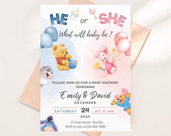 Invitación para revelar el género de Winnie Pooh. Revelación del género. ¿Qué será del bebé? Invitación para baby shower de Winnie Pooh. Tarjeta de invitación para revelar el género.