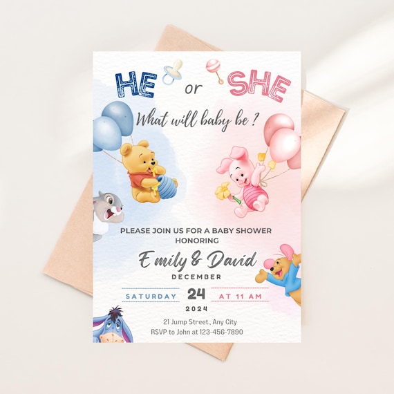 Winnie The Pooh Gender Reveal Invite. Gender Revealing. What Will Baby Be. Winnie The Pooh Baby Shower Invite. Gender Reveal Invitation Card