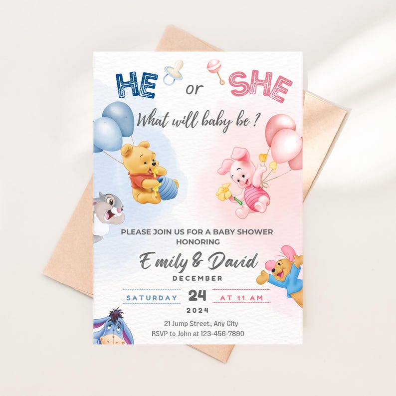 Editable Winnie The Pooh Gender Reveal Invitation Template | Pooh Bear Gender Reveal Party Invite | Digital Download Printable I What Will Baby Be ? I Gender Revealing I Gender Reveal Invite Theme I Pooh and Friends I Cute Gender Reveal