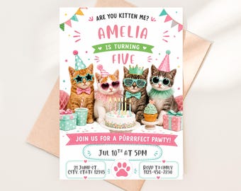 Kitten Birthday Invitation Template, Pastel Cats Party Invite (Digital Download)