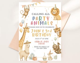 Watercolor Safari Animals Birthday Invitation (Digital Download)