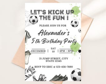 Plantilla de invitación de cumpleaños de fútbol, invitación para fiesta infantil de fútbol, invitación imprimible y editable, tarjeta de cumpleaños con temática deportiva, descarga instantánea.