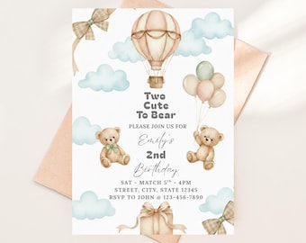 Invitación de cumpleaños número 2 con osito de peluche / Globo aerostático, acuarela (descarga digital)