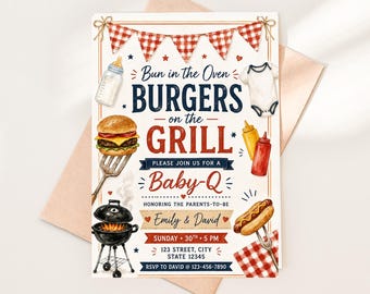Baby-Q BBQ Baby Shower Invitation, Burgers on Grill, Backyard Party Invite (Editable Template)