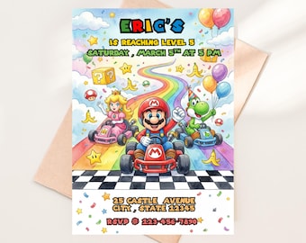 Invitación de cumpleaños de Super Mario, invitación para fiesta de Mario Kart, invitación de cumpleaños infantil editable, temática de Rainbow Road, invitación de cumpleaños