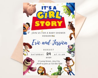 Plantilla de invitación para baby shower de Toy Story, invitación "Es una niña", invitación editable para baby shower con temática de Pixar, invitación para baby shower de niña, bebé niña