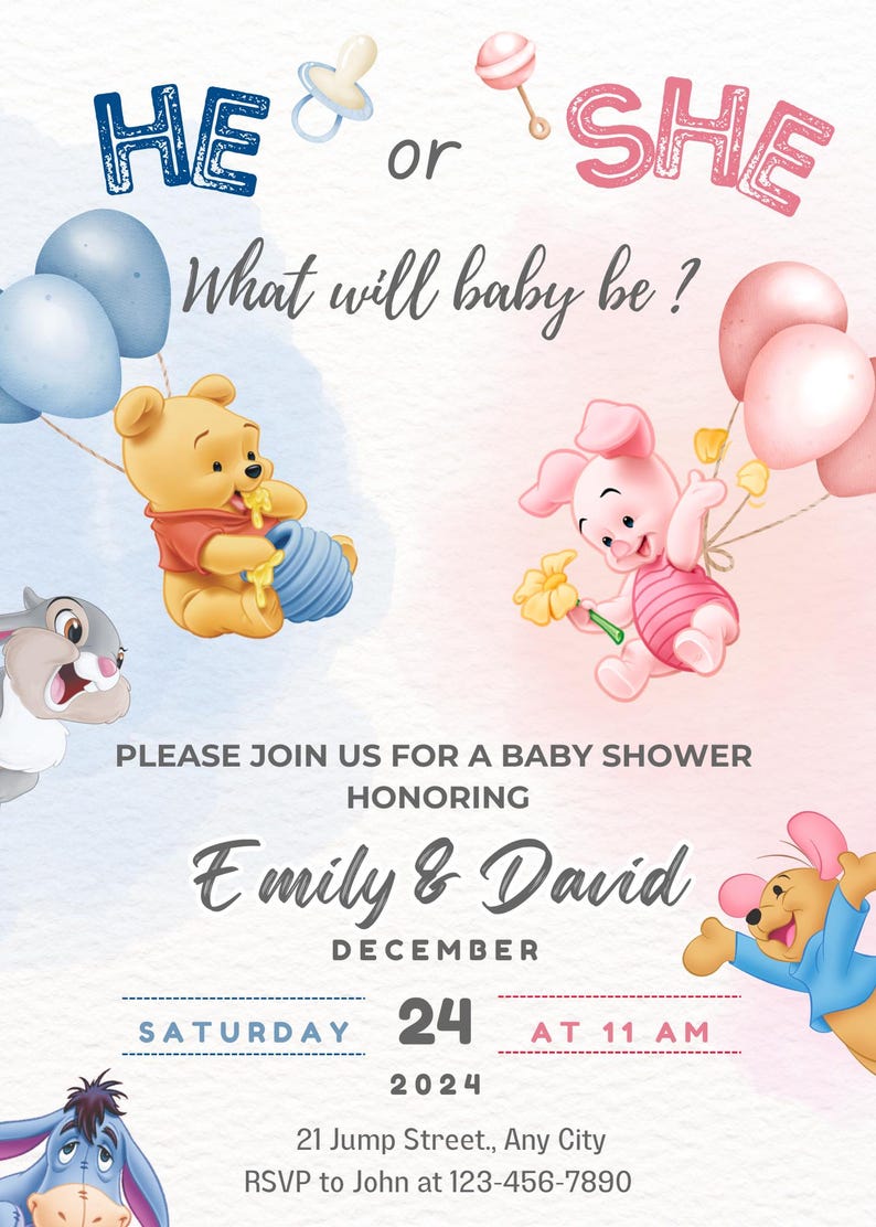May include: A baby shower invitation with the text "HE or SHE, What will baby be?" featuring Winnie the Pooh and Piglet. The invitation includes the names Emily & David, the date December 24, 2024, and the time 11 AM.