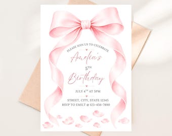 Pink Watercolor Bow Birthday Invitation, Girls Party Invite (Editable Printable)