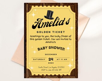 Plantilla de invitación para baby shower con temática del Billete Dorado de Willy Wonka, invitación editable a la fábrica de chocolate, invitación para fiesta de baby shower con el Billete Dorado.