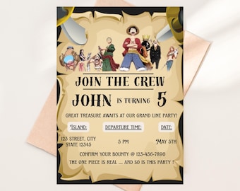 Invitación de cumpleaños de One Piece, invitación para fiesta de piratas de anime (descarga instantánea)