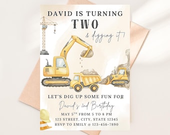 Invitación de cumpleaños con temática de construcción, invitación a fiesta con excavadora (descarga digital)