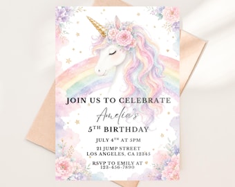 Pastel Unicorn Birthday Invitation, Watercolor Rainbow Girl Party Invite (Editable Printable)