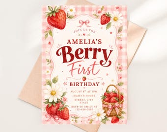 Berry First Birthday Invitation, Editable 1st Birthday Girl Invite, Strawberry First Birthday Girl Invitation, First Birthday Invite