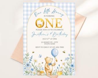 Blue Winnie the Pooh First Birthday Invitation, Watercolor Bear, Honey Bee Theme (Editable Canva)