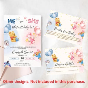 May include: Baby shower invitations and inserts with Winnie the Pooh characters. The main invitation reads "He or She, What will baby be?" and includes details for Emily & David's shower on December 24, 2024. Inserts include "Books for Baby" and "Diaper Raffle".
