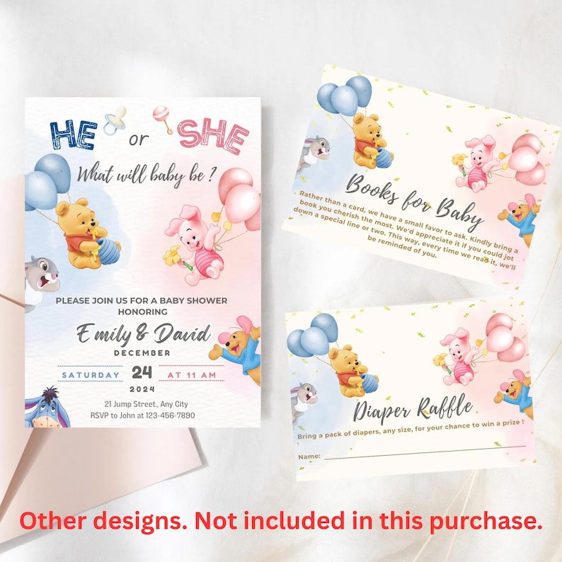 May include: Baby shower invitations and inserts with Winnie the Pooh characters. The main invitation reads "He or She, What will baby be?" and includes details for Emily & David's shower on December 24, 2024. Inserts include "Books for Baby" and "Diaper Raffle".
