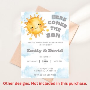 May include: Baby shower invitation with a watercolor design. The invitation features a smiling sun illustration, blue clouds, and the text "Here Comes The Son." Details include the names Emily & David, date, time, and RSVP information.