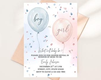Gender Reveal Invitation Template, Watercolor Balloons, Baby Shower Invite (Instant Download)