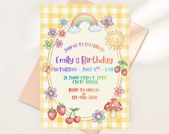 Invitación de cumpleaños para niña en tonos pastel / Invitación caprichosa para fiesta en el jardín / Mariposa, fresa, sol | Invitación de cumpleaños para niña | Cualquier edad