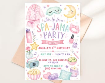 Spa-Jama Party Invitation, Girls Sleepover Birthday, Watercolor Pajama Party (Editable Printable)